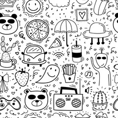 Doodle Cartoon Seamless Pattern Background For Kid. Vector illustration for fabric and gift wrap paper design.