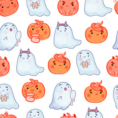 Cute seamless pattern with cartoon ghosts and Halloween pumpkins on white background.