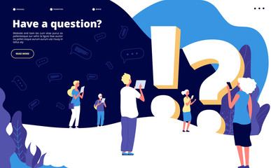 Faq landing page. People ask questions and get answers. Questioning person, problem solution abstract quiz vector concept. Faq web page, solution and ask service website illustration - obrazy, fototapety, plakaty