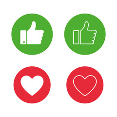 Thumb up on green circle and heart on red circle isolated on white background. Hand icon. Flat button. Web button. Linear button.