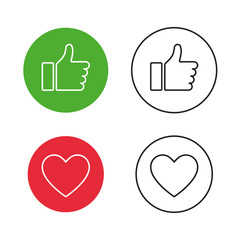 Thumb up on green circle and heart on red circle isolated on white background. Hand icon. Flat button. Web button. Linear button.