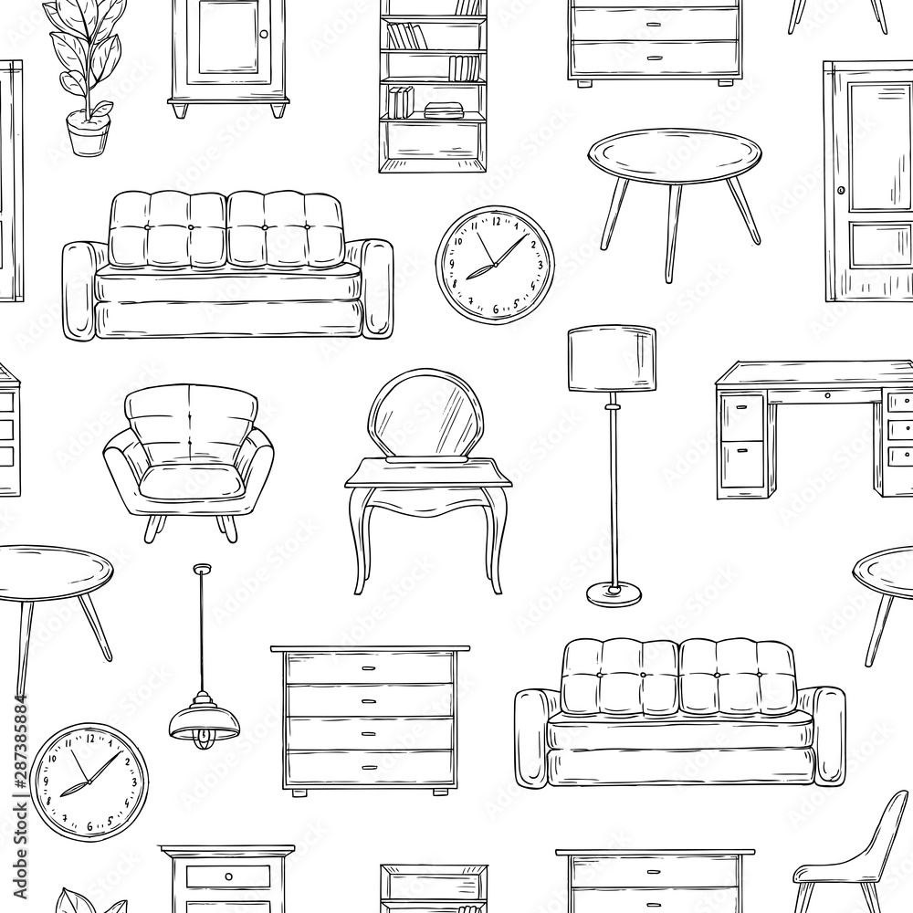 Sticker sketch furniture pattern. living room doodle vintage interior vector isolated wallpaper texture. ill