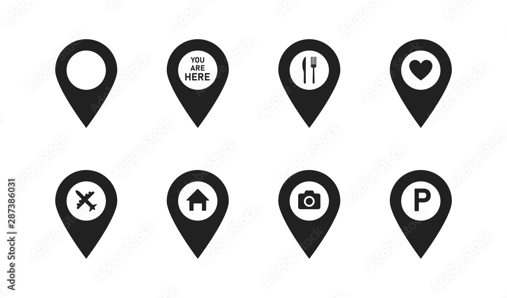 Poster set pointers parking food heart camera house airplane great design for any purposes. location icon m