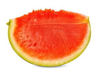 Isolated from watermelon cut a slice of watermelon with red pulp on a white background. Fresh slice of watermelon with juice drops