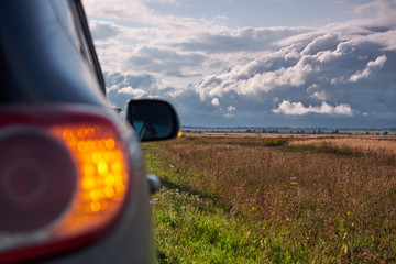 The car close up. Landscape of Altai. Travelling by car.