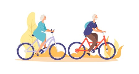 Autumn bike ride concept. Flat elderly characters riding bicycles vector illustration. Old people woman and man cyclist active