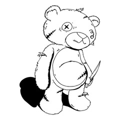 Ragged Teddy Bear carry kitchen Knife hand drawn Cartoon Vector