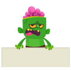 Cartoon zombie holding blank paper banner for text. Vector illustration. Isolated on the white background. Halloween design element for banner, postcard, poster.