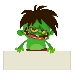 Naklejka premium Cartoon zombie holding blank paper banner for text. Vector illustration. Isolated on the white background. Halloween design element for banner, postcard, poster.