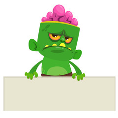 Cartoon zombie holding blank paper banner for text. Vector illustration. Isolated on the white background. Halloween design element for banner, postcard, poster.