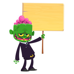 Cartoon zombie holding wooden sign. Vector illustration. Isolated on the white background. Halloween design element for banner, postcard, poster.