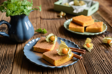 Sweet potato dessert sprinkled with cinnamon and decorated with ground cherries