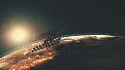 Naklejka premium International Space Station flies over Earth illuminated mainlands against orange Sun in space. 3d render animation. Science and technology concept. Elements of this media furnished by NASA