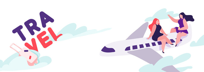 Travel banner, girls on plane fly in the sky, design concept in modern flat style. Horizontal poster, header for website, vector illustration