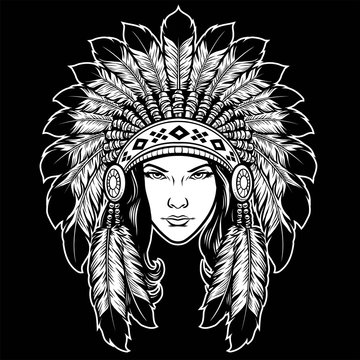 Beautiful Lady Head Wearing American Native Indian Head Dress