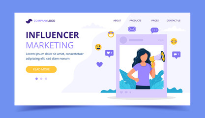 Influencer marketing landing page with woman holding megaphone in the social profile frame. Different social media icons. Vector illustration in flat style