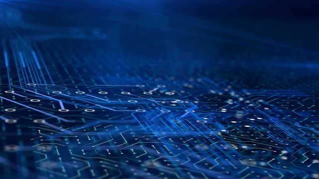 Zoom in microchip on circuit board modern nano technology, working computer