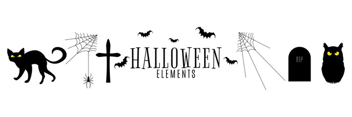 Set of silhouettes for Happy Halloween. Cat and owl with yellow eyes, bats and a spider on the web. Holiday terrible collection. Vector