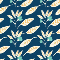 Pretty floral seamless pattern design with turquoise flowers and beige leaves on navy blue background. Modern illustration with a vintage botanical feel. Great for textiles, fashion, wallpaper.