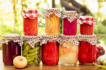 Pickled marinated fermented vegetables on shelve