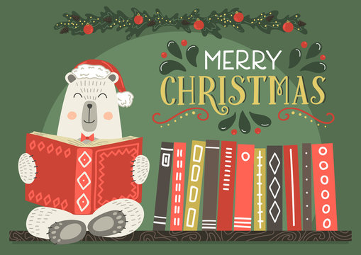 Merry Christmas Greeting Card. Fantasy White Bear In Christmas Hat Reading Book.