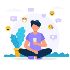 Man with a smartphone, social media icons. Concept vector illustration in flat style