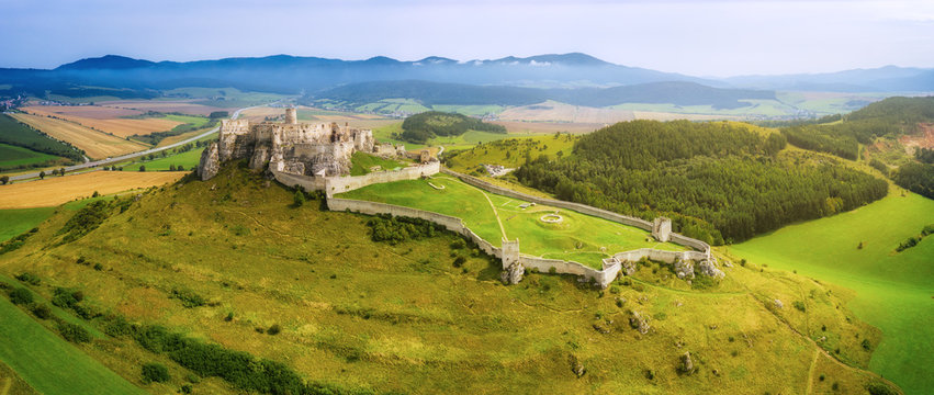 Aerial view of Spis (Spi&scaron;, Spi&scaron;sk&yacute;) castle, Unesco Wold Heritage, Slovakia, second biggest medieval castle in Middle Europe.