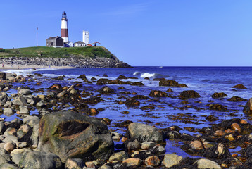 Coastal scene with Montauk Lighthouse on Atlantic Ocean, Long Island, New York
