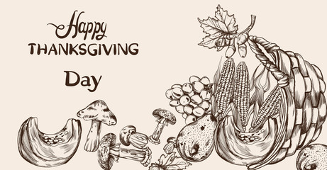 Happy Thanksgiving dinner menu line art Vector. Fall havest veggies detailed illustrations