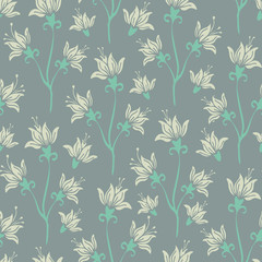 Romantic seamless vector repeat pattern with white lilies on gray background.