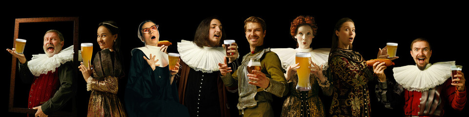 Young people as a medieval grandee on dark studio background. Drinking beer. Collage of portraits in retro costumes. Human emotions, comparison of eras, oktoberfest and facial expressions concept.