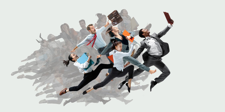 Happy office workers jumping and dancing in casual clothes or suit with folders on white. Ballet dancers. Business, start-up, working open-space, motion and action concept. Creative collage.