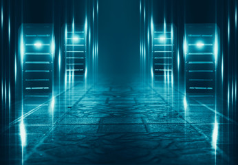 Empty background scene. Dark street reflection on wet asphalt. Rays of neon light in the dark, neon figures, smoke. Background of empty stage show. Abstract dark background.
