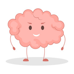 Pink brain character, happy sticker. Cute funny human organ.
