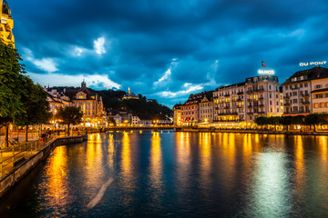 Reuss River and City of Lucerne at Night in Switzerland.