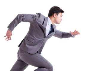 Young businessman running forward isolated on white