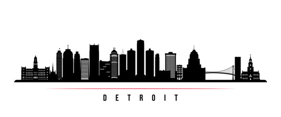Naklejka premium Detroit City skyline horizontal banner. Black and white silhouette of Detroit City, Michigan. Vector template for your design.