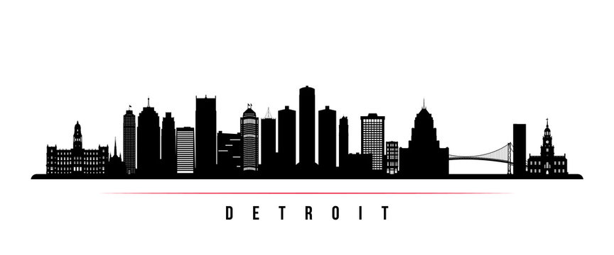 Detroit City skyline horizontal banner. Black and white silhouette of Detroit City, Michigan. Vector template for your design.