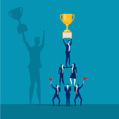 Successful business team holding trophy. Teamwork concept, vector