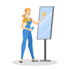 Woman clean the mirror. Domestic work, cleaner in uniform