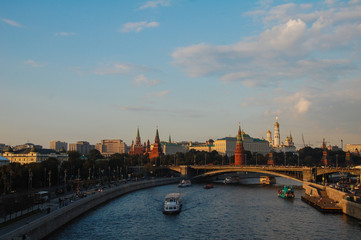 Colorful view of the Moscow river and the Moscow Kremlin