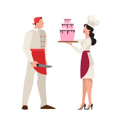 Chef man and woman in the white uniform standing