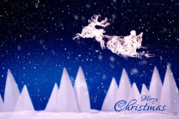 Steam in reindeer and Santa Claus into sled shape flying in snowy landscape. Christmas or New Year celebration concept. Copy space. GreEting card with Merry Christmas text