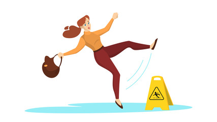 Woman falling on the wet floor. Caution sign, warning