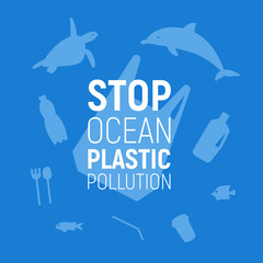 Ocean Plastic Pollution. Underwater background with plastic bag, rubbish, dolphin and turtle. Save the ocean concept. Eco problem poster. Vector illustration