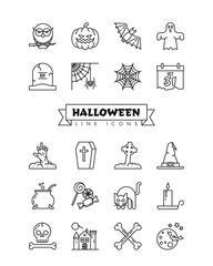 Halloween line icons vector set. 20 spooky celebration and party cartoon symbols.