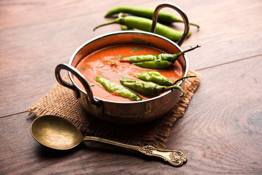 Hyderabadi mirchi ka Salan or green chilly sabzi or curry. Main course recipe from India. served in a bowl. selective focus
