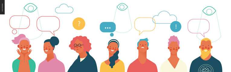 Bright people portraits - young men and women - row of talking people with bubbles above and watching eyes in the sky, chat and observing big brother, supervising concept