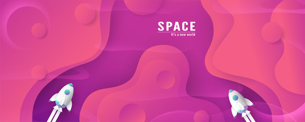 Rocket is flying in galaxy space of the universe. Abstract gradient background in liquid and fluid style. Trend creation of the world. 3D illustration template design in paper cut and craft.