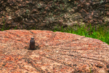 An old stone millstone lies among the grass